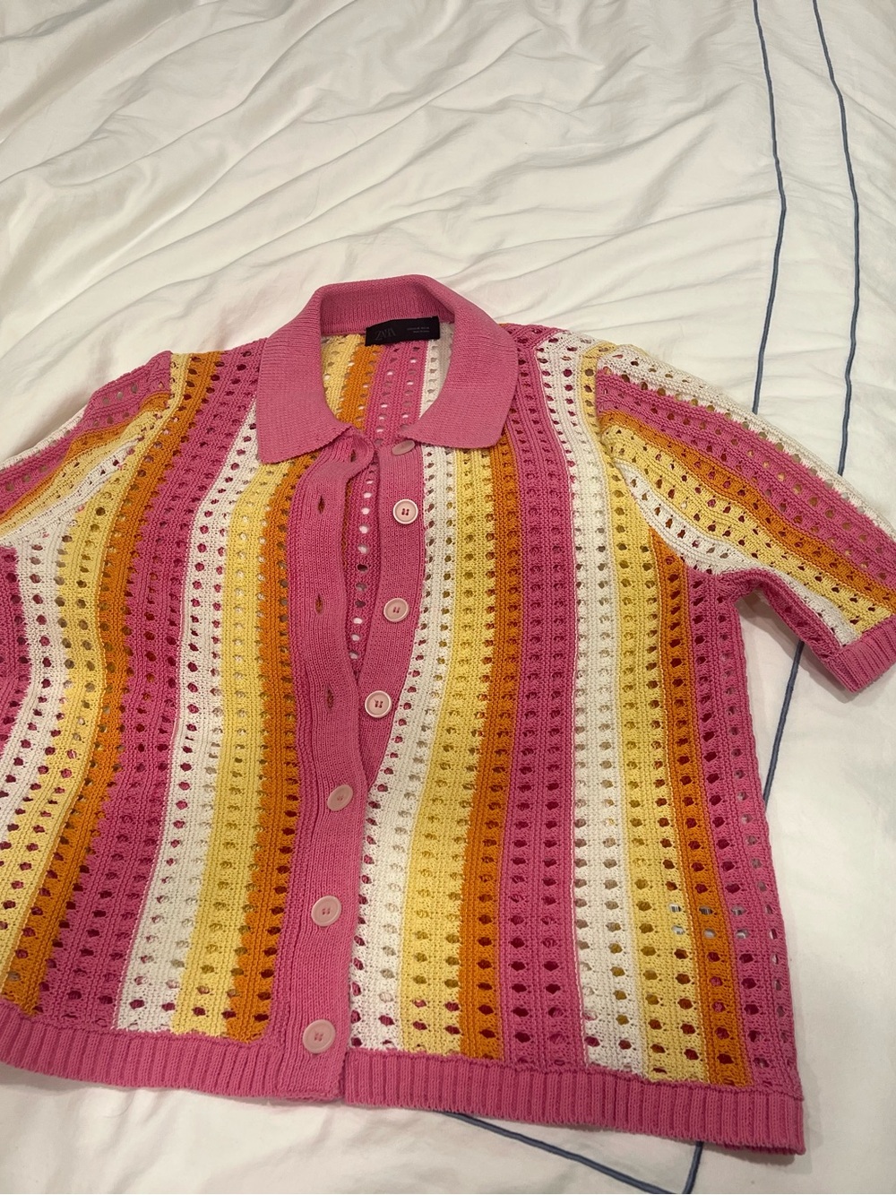 Zara Pink Crochet Polo Cardigan with Yellow & Orange Stripes
